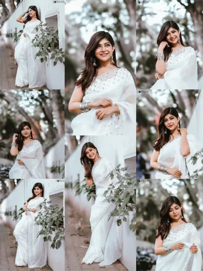 A collage of the best shots from the white saree series, showing the variety of poses and expressions captured in a single session.