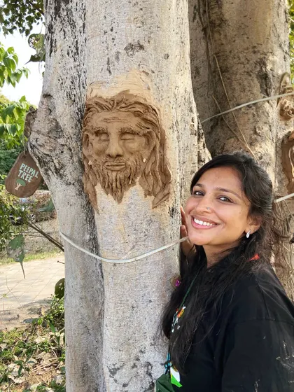 My tree buddy and me. I love creating art that lives in and with nature, becoming a part of the landscape itself.