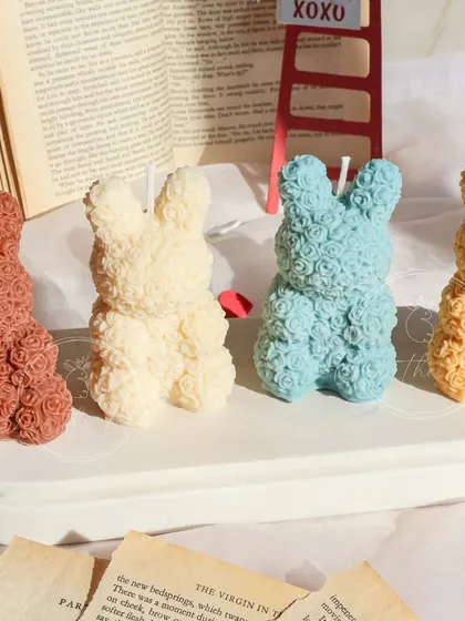 My four classic colors for the Rose Bear candle. Each one is made from hundreds of tiny, detailed roses.