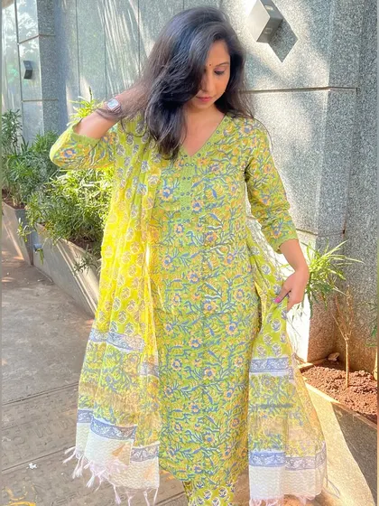 Another beautiful suit set from our festive drop. This lime green printed three piece set with a dupatta is perfect for celebrations.