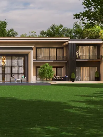 The full facade of this contemporary neoclassical home is visible across the vast lawn. The design balances grand, open sections with more solid, private volumes, creating a residence that is both impressive and livable.