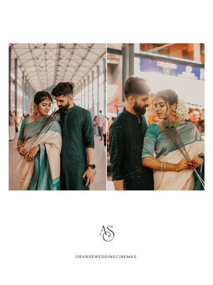 A collage of a couple's romantic moments in a temple corridor, personalized with their initials.