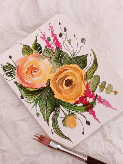 A soft and romantic bouquet of yellow roses. Learning to paint roses is a classic watercolor skill, and I teach a simplified method that is easy for beginners.