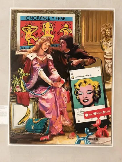 A detail from our 'Renaissance Reimagined' series, this painting juxtaposes a classical portrait with modern elements like an Instagram post of Marilyn Monroe and a Keith Haring artwork. It’s a commentary on how we consume images across history.
