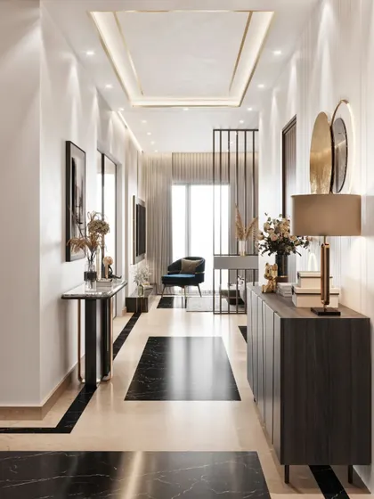A render of a long, elegant hallway, demonstrating how to create visual interest in transitional spaces using flooring patterns, console tables, and strategic lighting.