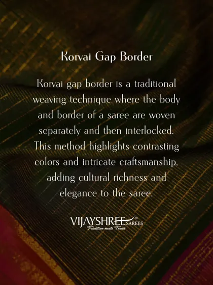 An informational graphic explaining the Korvai Gap Border technique, a hallmark of authentic Kanchipuram weaving.
