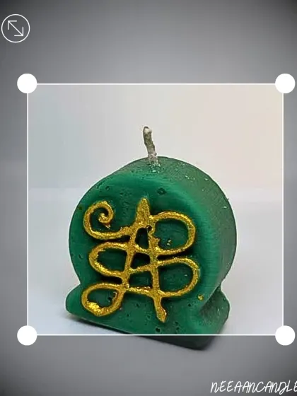 This green candle features a golden Zibu symbol for abundance. I created it to help you manifest wealth and prosperity, combining color magic with ancient symbols.