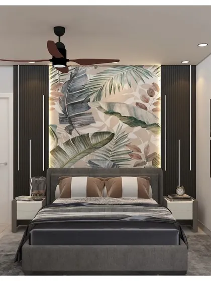 A full view of the rendered bedroom, showing how the tropical theme is balanced with modern, minimalist furniture.