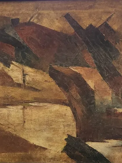 An abstract composition by Ram Kumar, a distinguished figure in the Progressive Art Movement. His works invite viewers to explore the depths of imagination and emotion. This piece is from an important private collection in New Delhi.