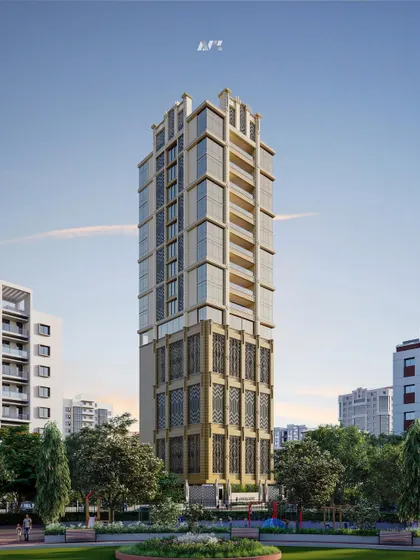 A view of Crescent Park 9 from the surrounding park area. The design integrates the 70-meter-high residential icon into the urban fabric of Almeida Park, Bandra, blending modern luxury with its green surroundings.