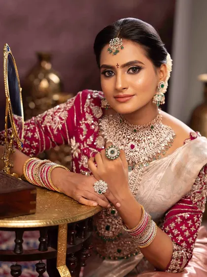 Another shot from the Varamahalakshmi series, focusing on the intricate diamond jewelry and the flawless makeup application that makes her skin look radiant.