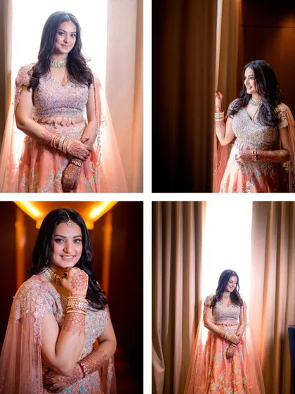 A series of portraits of the bride, Neha, looking radiant in her peach-colored engagement lehenga.