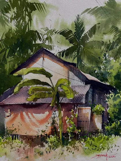 A watercolor painting of a house almost hidden by tropical plants, focusing on the interplay of light filtering through the leaves.