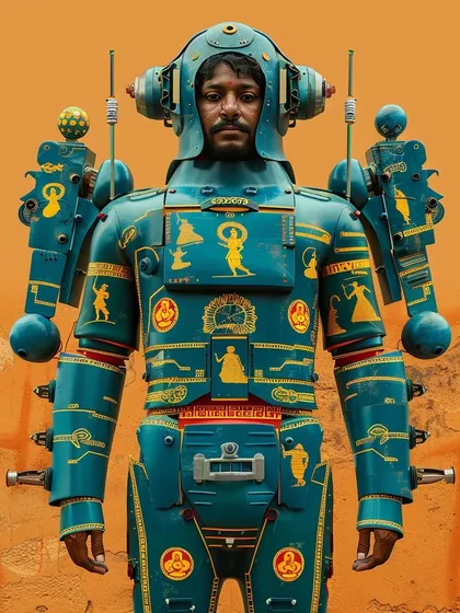 A Yuntriksh pilgrim in a blue and gold suit, with designs that evoke classical dance forms. This variation explores the integration of different cultural arts into their designs.