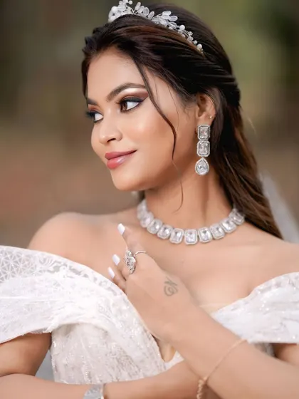 A modern Christian bridal look with a smoky eye and elegant tiara, as taught in our 7-day masterclass.