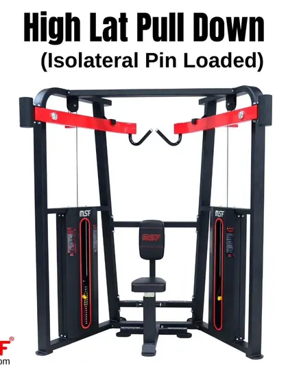 A front view of the unloaded High Lat Pulldown machine.
