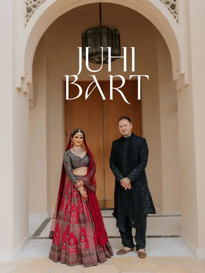 A formal portrait with a modern typographic overlay. This style is great for 'Save the Date' cards or the opening page of a wedding album.