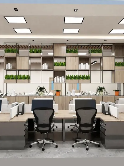 A concept design for a modern office in Gurgaon. We've used biophilic elements like integrated planters in the shelving units to bring nature indoors, which is proven to boost wellbeing and focus in a corporate environment.