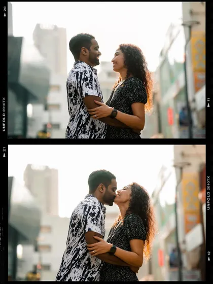 A collage of the couple kissing and interacting during their sunlit urban photoshoot.