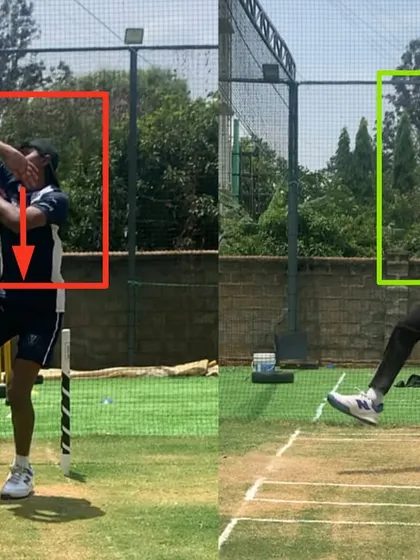 Notice the difference in the release point. By correcting the bowling arm coordination and ensuring a strong non-bowling arm lift, we helped this spinner achieve a higher, more powerful release.