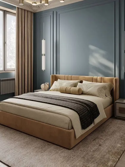 A 3D render of a bedroom with a classic design, featuring blue paneled walls and a tan upholstered bed. The look is sophisticated and timeless.