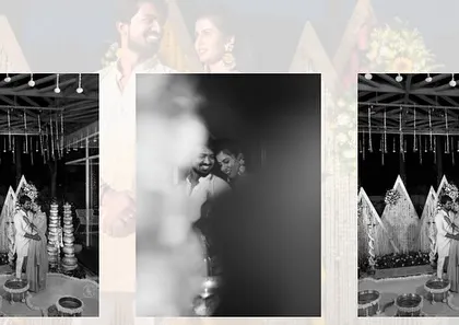 An artistic, multi-frame black and white composition of the couple at their Haldi ceremony, creating a timeless feel.