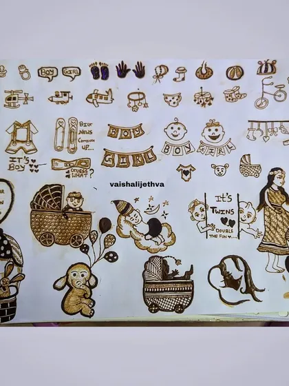 A comprehensive sketch sheet of baby shower elements. It includes everything from baby clothes and toys to cute figures and banners, offering endless customization options.