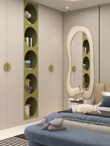 A smart storage solution for a kid's room, this wardrobe features fun, circular open shelves for displaying toys and books.