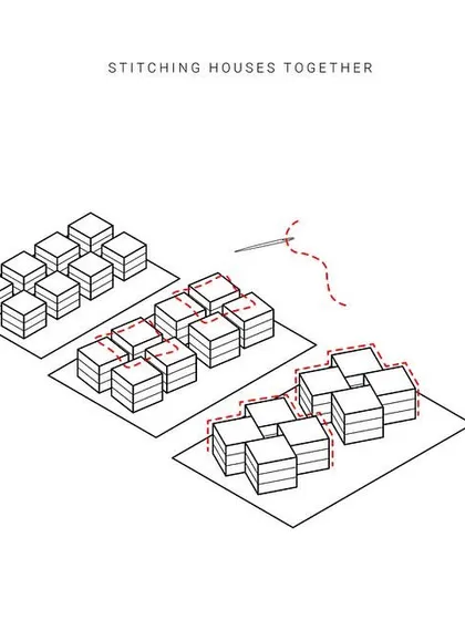 The concept of "stitching houses together" was fundamental to creating a community feel. This diagram shows how we moved away from isolated plots to an interconnected fabric of homes, fostering a sense of shared identity and space.