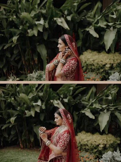 A collage of a bride in her red lehenga, showing her adjusting her earrings and jewelry against a lush green background.