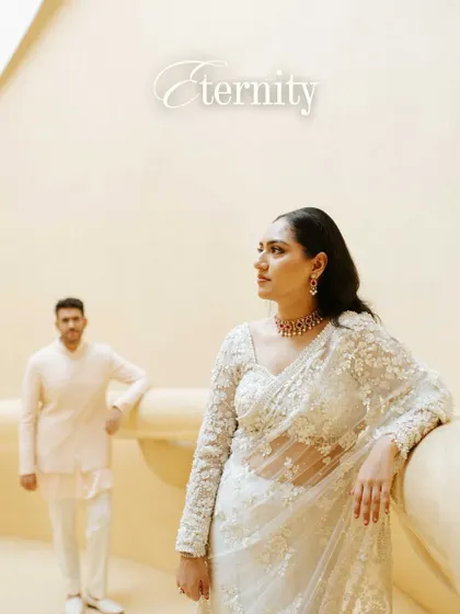 A creatively edited pre-wedding portrait with the word 'Eternity'. This image combines a beautiful pose with artistic text to emphasize the theme of everlasting love.