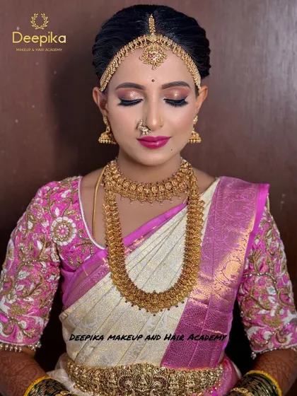 A close-up of the eye makeup and the flawless base, designed to last through a long day of celebrations.