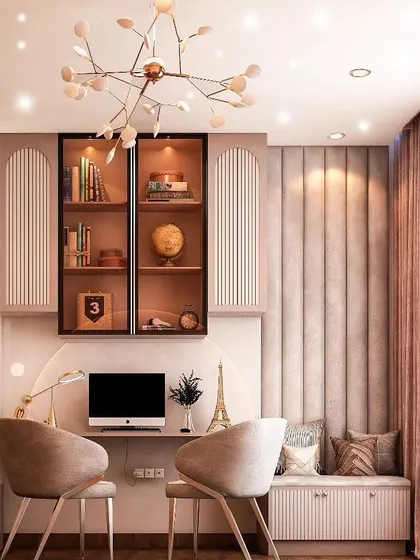 A sophisticated study and lounge area, perfect for an older child or a guest room. The design includes a built-in desk, elegant glass-front bookshelves, and a comfortable upholstered bench by the window.