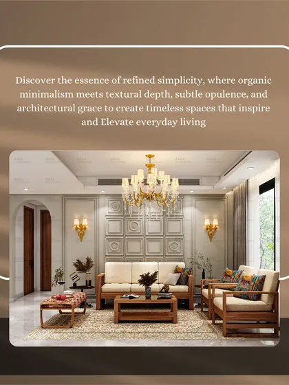 This living room showcases refined simplicity with its classic wall molding, traditional wooden furniture, and a beautiful chandelier. It's a timeless design that feels both elegant and comfortable.