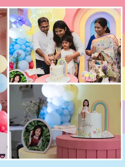 A duplicate of image 57, a collage of happy moments from the rainbow-themed party.
