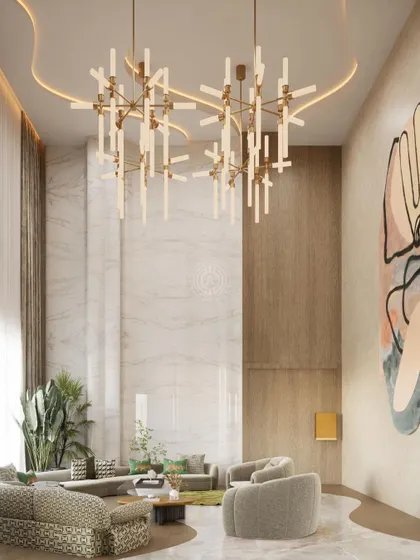 A render of the double-height living room for a 6,000 sq. ft. luxury home in Alipore, Kolkata. The design uses organic curves, a massive custom artwork, and statement chandeliers to create a sense of modern grandeur.