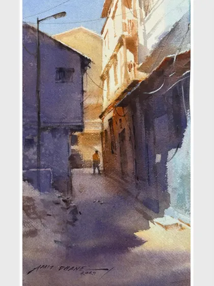 A small watercolour sketch of a narrow city lane. I was drawn to the strong light and shadow patterns in this urban landscape.