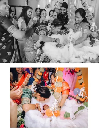 A collage capturing the joy and tradition of a naming ceremony, with family members gathered around the baby's cradle.