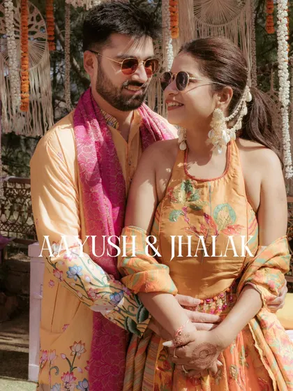 A lovely portrait of Aayush and Jhalak, perfectly capturing their chemistry and the happy, sunny vibe of their outdoor Haldi ceremony.