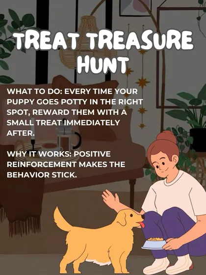 The "Treat Treasure Hunt" is a simple game. Every time your puppy goes potty in the right spot, immediately reward them with a small treat to reinforce the behavior.