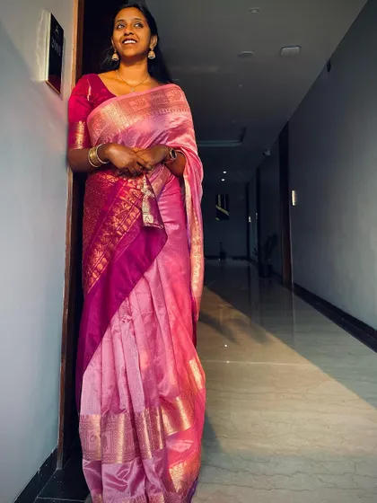 A beautiful pink silk saree for an event. I love dressing up in traditional wear.