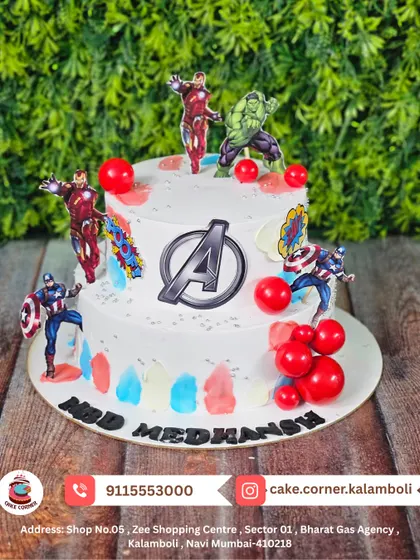 A two-tier Avengers cake for Medhansh, with Captain America, Iron Man, and the Hulk ready for action. The colourful design makes it a standout choice for a kid's party.