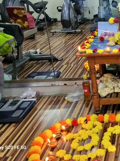 Our studio decorated for the Ram Mandir inauguration celebration. We create a sacred and festive atmosphere for our members to come together in unity and prayer.
