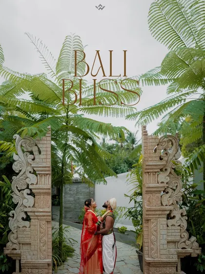 A beautiful moment of togetherness at a destination wedding in Bali. The lush greenery and unique architecture provide a stunning backdrop for this couple's love story.