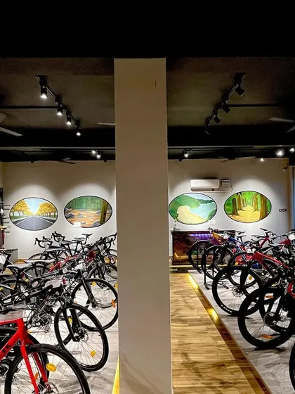 An overview of the hand-painted murals for Bicycle Adda, a high-end cycle shop in Gurugram. The oval panels each depict a different terrain for cycling, creating a visual journey through the store.