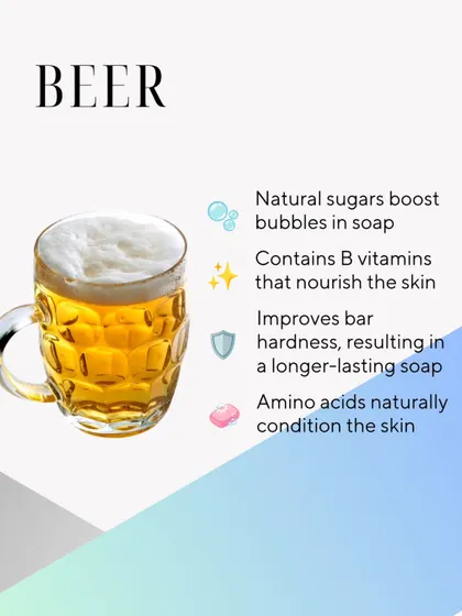 An infographic on Beer, whose natural sugars boost bubbles and B vitamins nourish the skin.