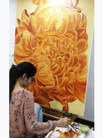 Here I am working on the monochrome underpainting of a giant bloom. I like to spend time with this stage before mixing my color palette for the final layers.
