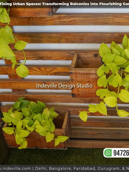A detail shot of a vertical garden made with a wooden pallet structure. The built-in box planters are perfect for growing trailing plants like money plant, adding a cascade of green to the wall.
