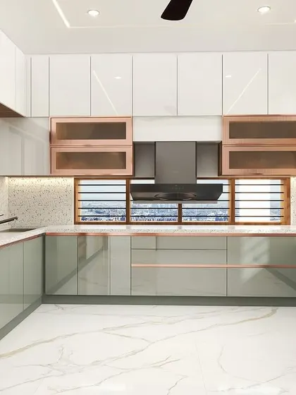 This kitchen render showcases a U-shaped layout with ample counter space. The design features a mix of white, light green, and rose-gold trimmed glass cabinets for a touch of elegance.