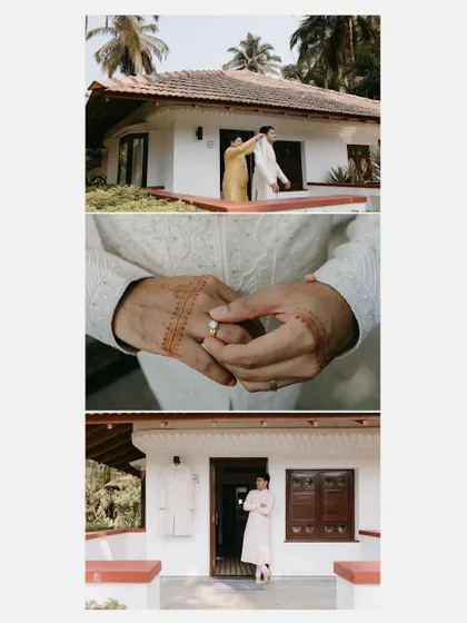 A collage of the groom getting ready in a traditional white kurta, showing details like his ring and his final pose outside a villa.
